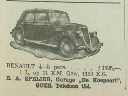 K-13622, Renault van garage Spelier te Goes, in een advertentie in De Zeeuw van 19-11-1937.<br />Bron: Krantenbank Zeeland.<br />