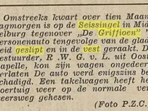 artikel in PZC over de K-24596, Peugeot 203 van R.W. graaf van Lynden uit Oostkapelle, Seissingel te Middelburg, 7-3-1955.
Bron: PZC van 8-3-1955, via Maartje Duin (achterkleindochter). 
