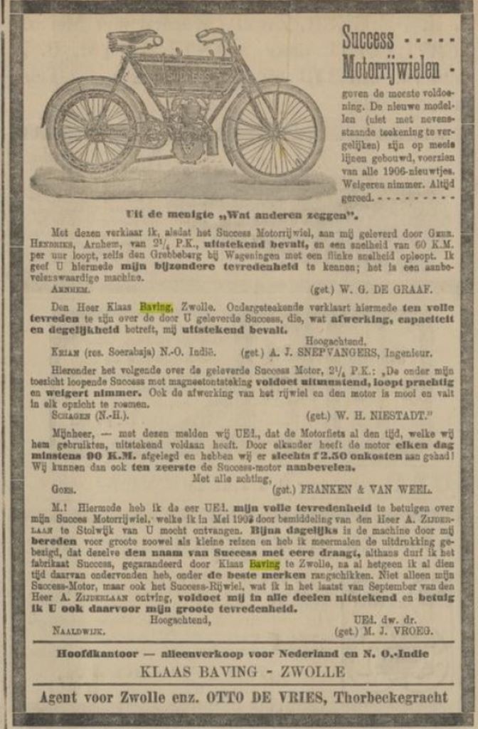 Advertentie in de Provinciale Overijsselsche en Zwolsche Courant van 23-4-1906 van Klaas Baving te Zwolle, Success dealer voor Nederland en Ned. Indië.
Bron:  Delpher. Reactie op K-35 door Paul Vlemmings