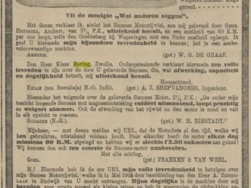 Advertentie in de Provinciale Overijsselsche en Zwolsche Courant van 23-4-1906, betreffende de Success-motorfiets K-35 van Franken & v. Weel uit Goes. 
Bron: Delpher, met dank aan Paul Vlemmings. 